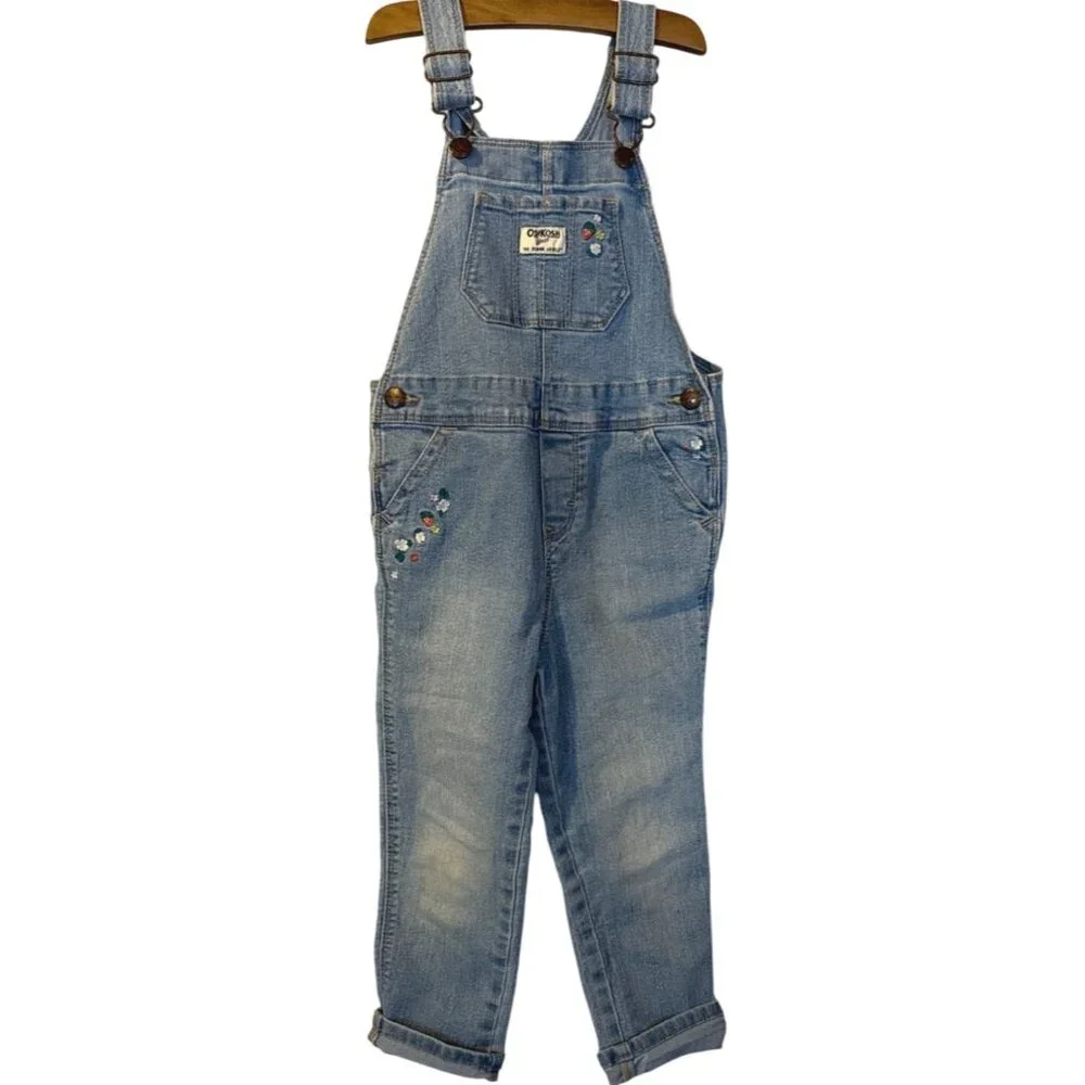 Oshkosh‎ B'gosh Girls Light Wash Floral Embroidered Denim Overalls 4T Western